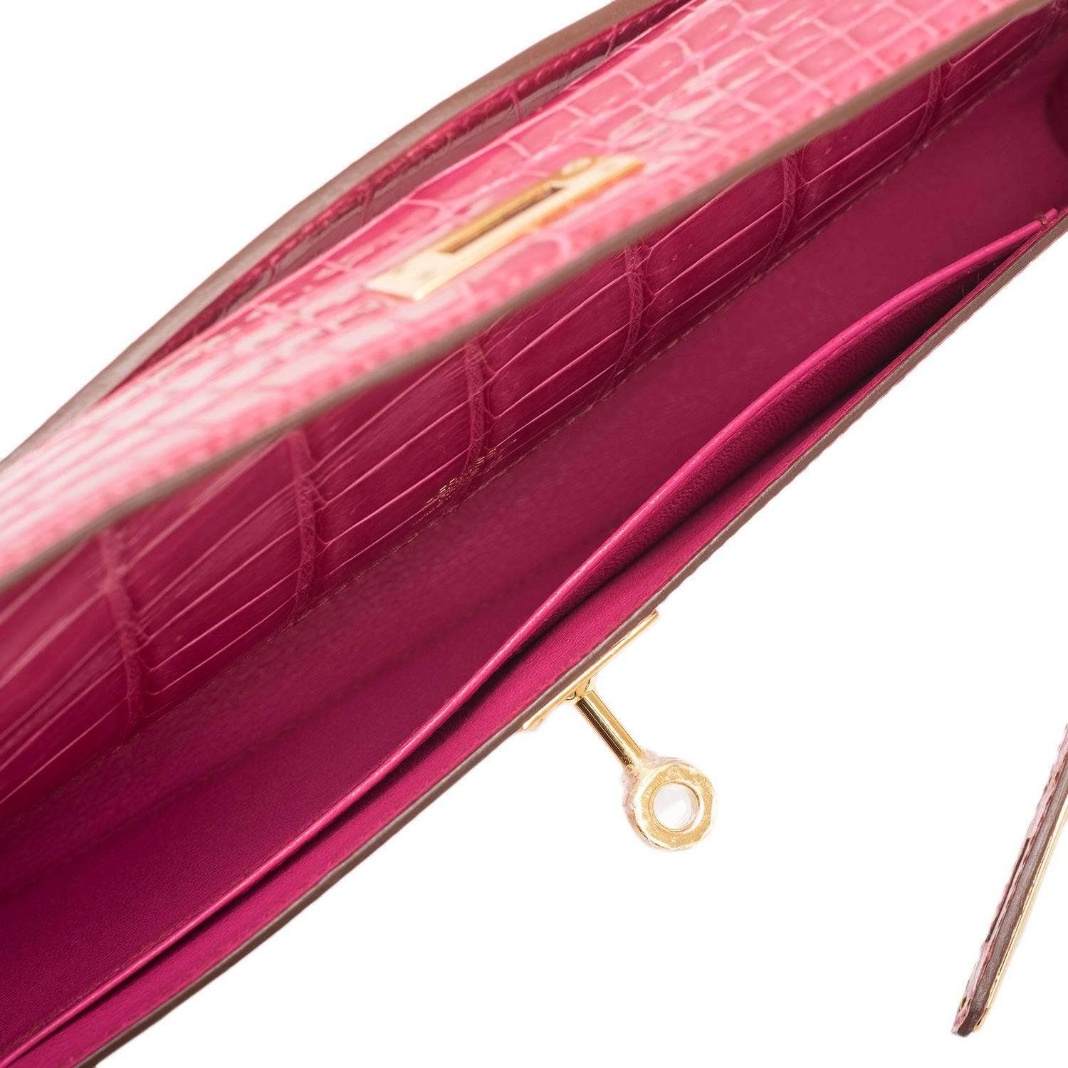 Hermes Fuchsia Shiny Niloticus Crocodile Kelly Cut Gold Hardware NEW For Sale 3