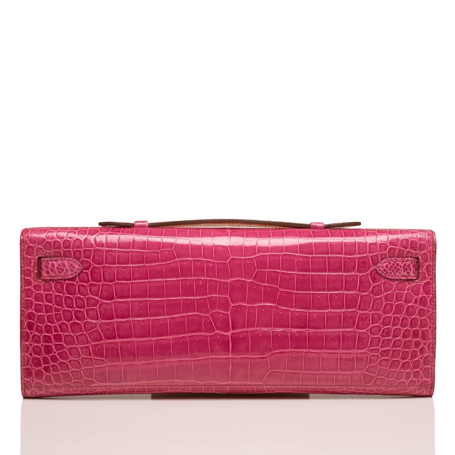 Red Hermes Fuchsia Shiny Niloticus Crocodile Kelly Cut Gold Hardware NEW For Sale
