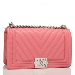 Chanel Pink Chevron Quilted Lambskin Medium Boy Bag