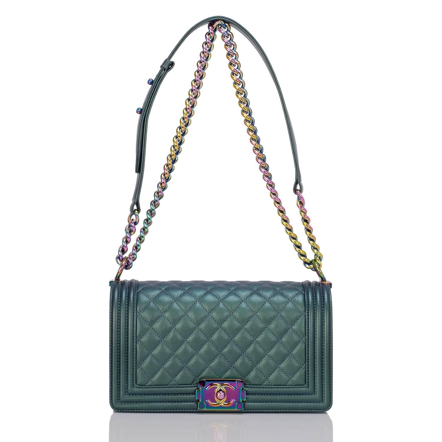 Chanel Green Iridescent Goatskin Medium Boy Bag In New Condition In New York, NY