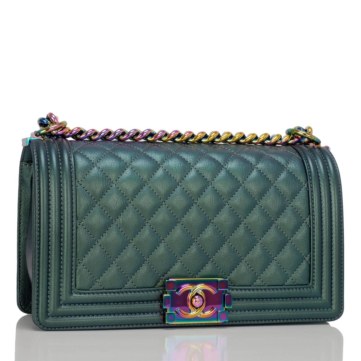 Chanel Medium Boy bag of green iridescent goatskin leather with rainbow-hued iridescent ruthenium hardware.

This bag features a full front flap with the iridescent Le Boy CC logo push lock closure and an iridescent ruthenium chain link with green