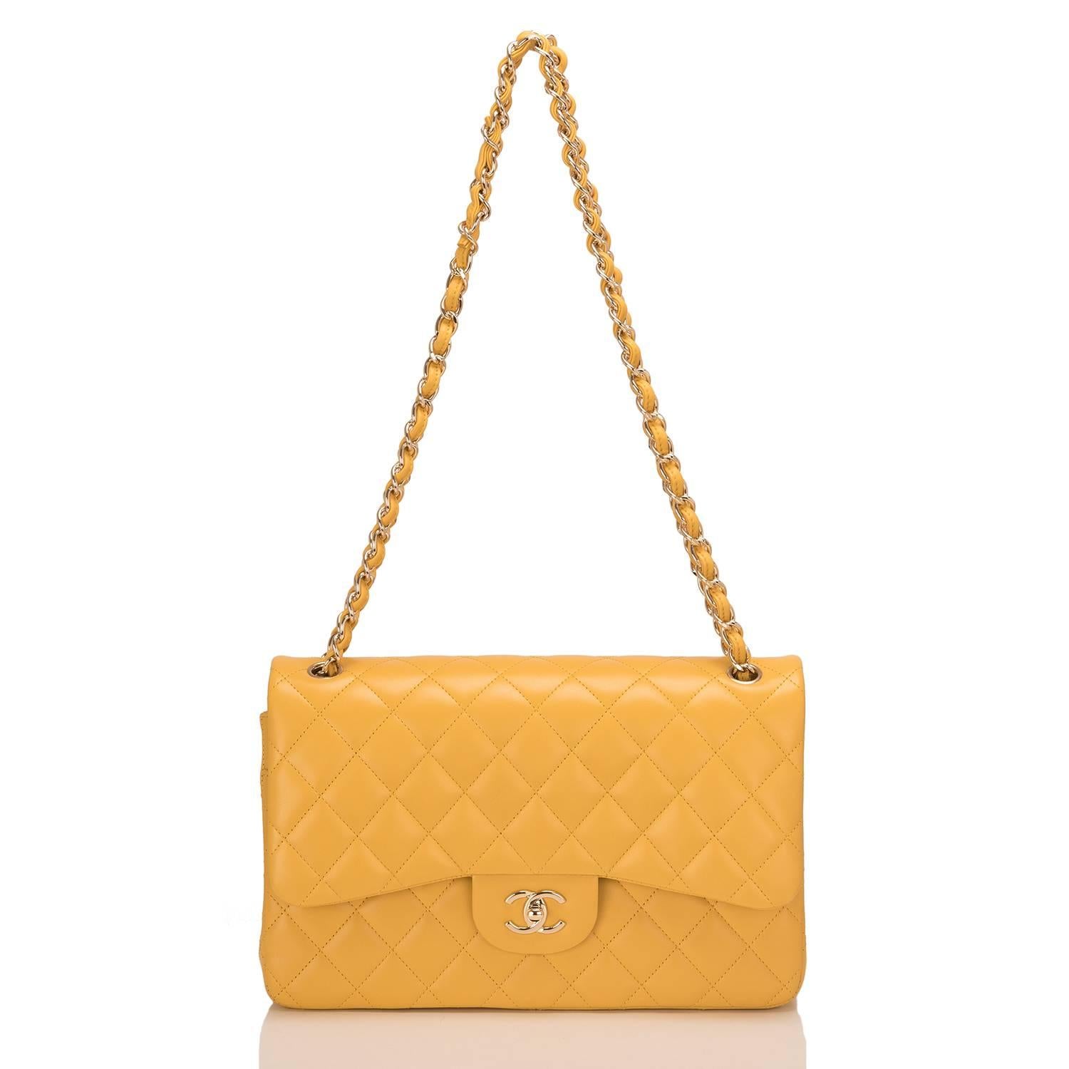 Chanel Yellow Quilted Lambskin Jumbo Classic Double Flap Bag  In New Condition In New York, NY