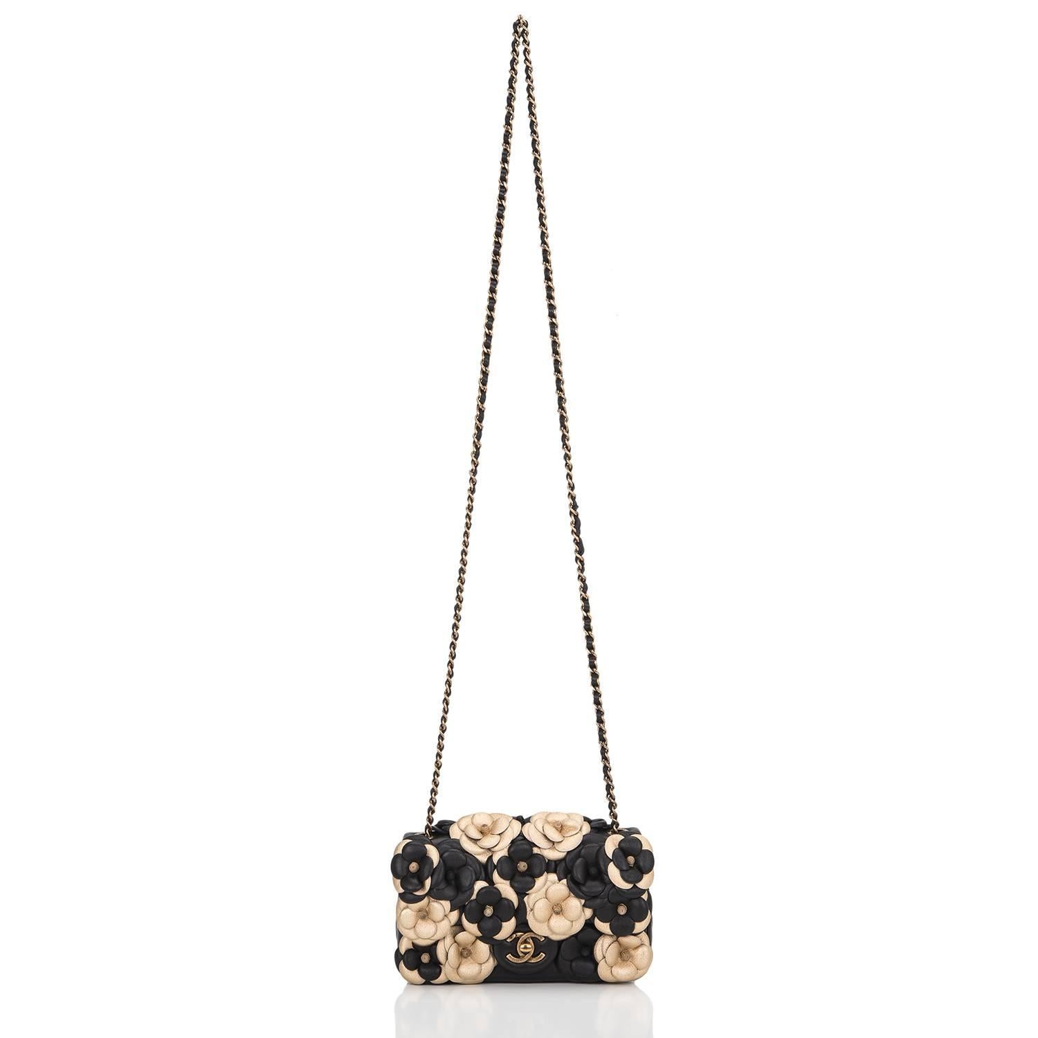 Chanel Black And Gold Camellia Lambskin Mini Classic Flap Bag 1