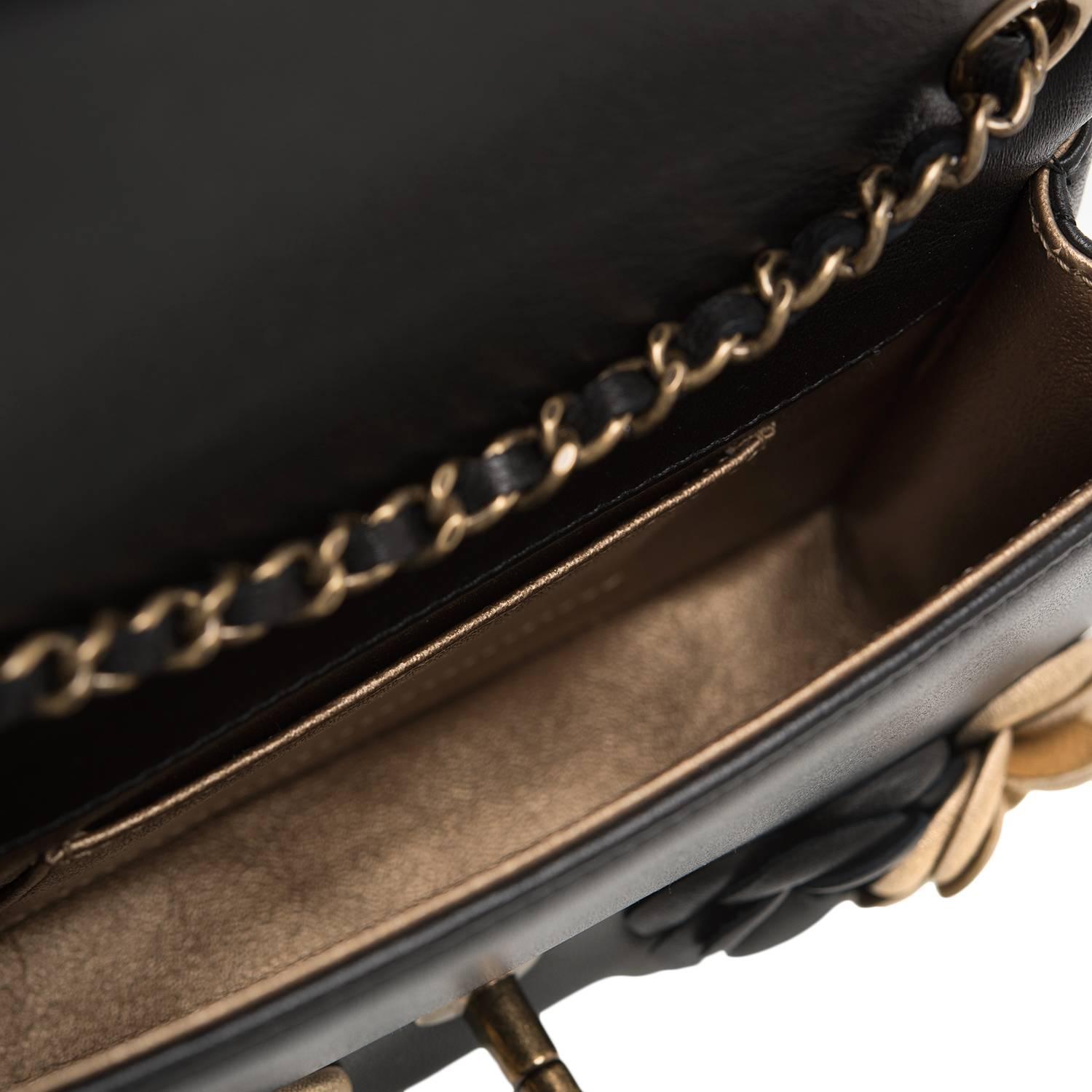 Chanel Black And Gold Camellia Lambskin Mini Classic Flap Bag 2