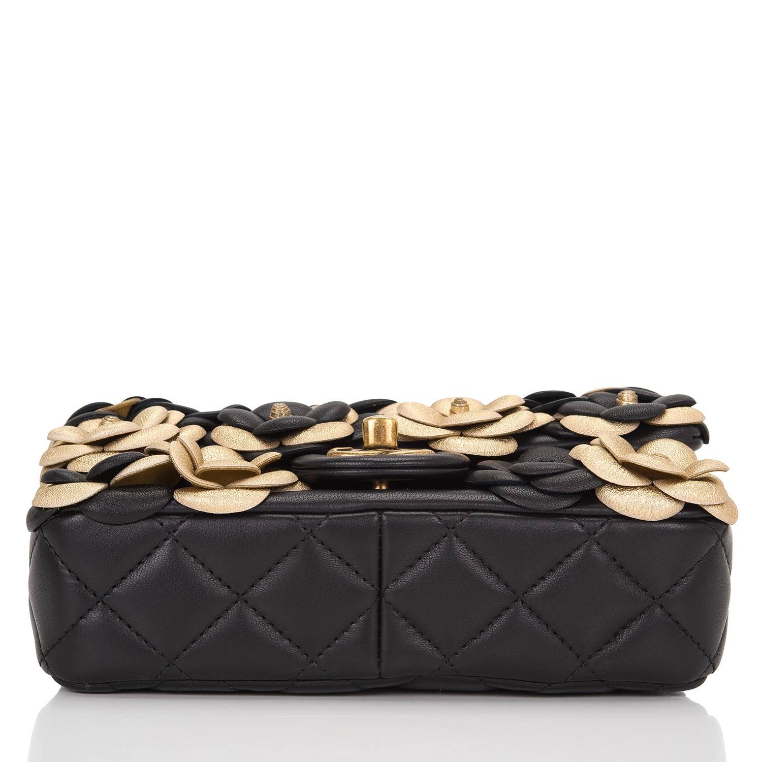 Women's Chanel Black And Gold Camellia Lambskin Mini Classic Flap Bag