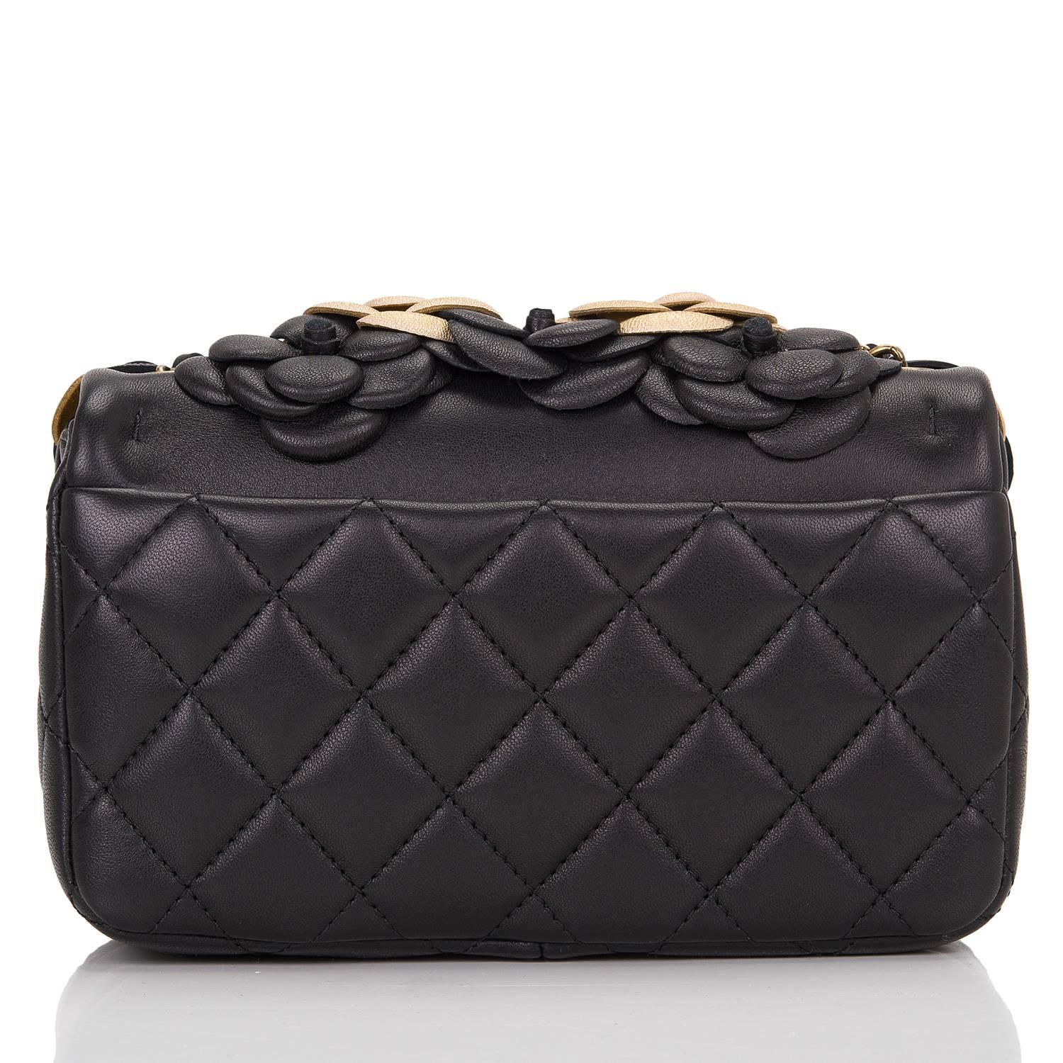 Chanel Black And Gold Camellia Lambskin Mini Classic Flap Bag In New Condition In New York, NY