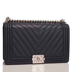 Chanel Navy Chevron Quilted Lambskin New Medium Boy Bag