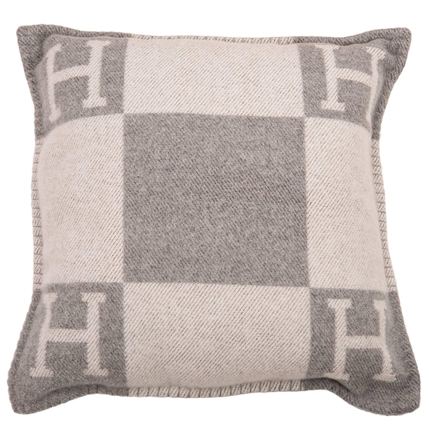 Hermes "Avalon" Ecru and Light Grey Signature H Cushion PM