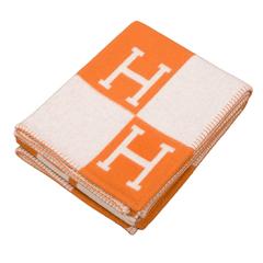 Hermes "Avalon" Ecru and Pumpkin Signature H Blanket 