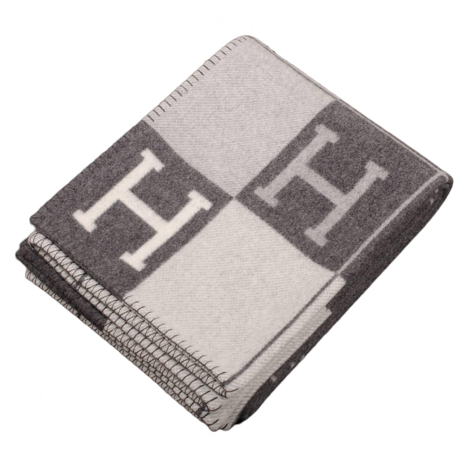 Hermes "Avalon" Ecru and Dark Grey Signature H Blanket 