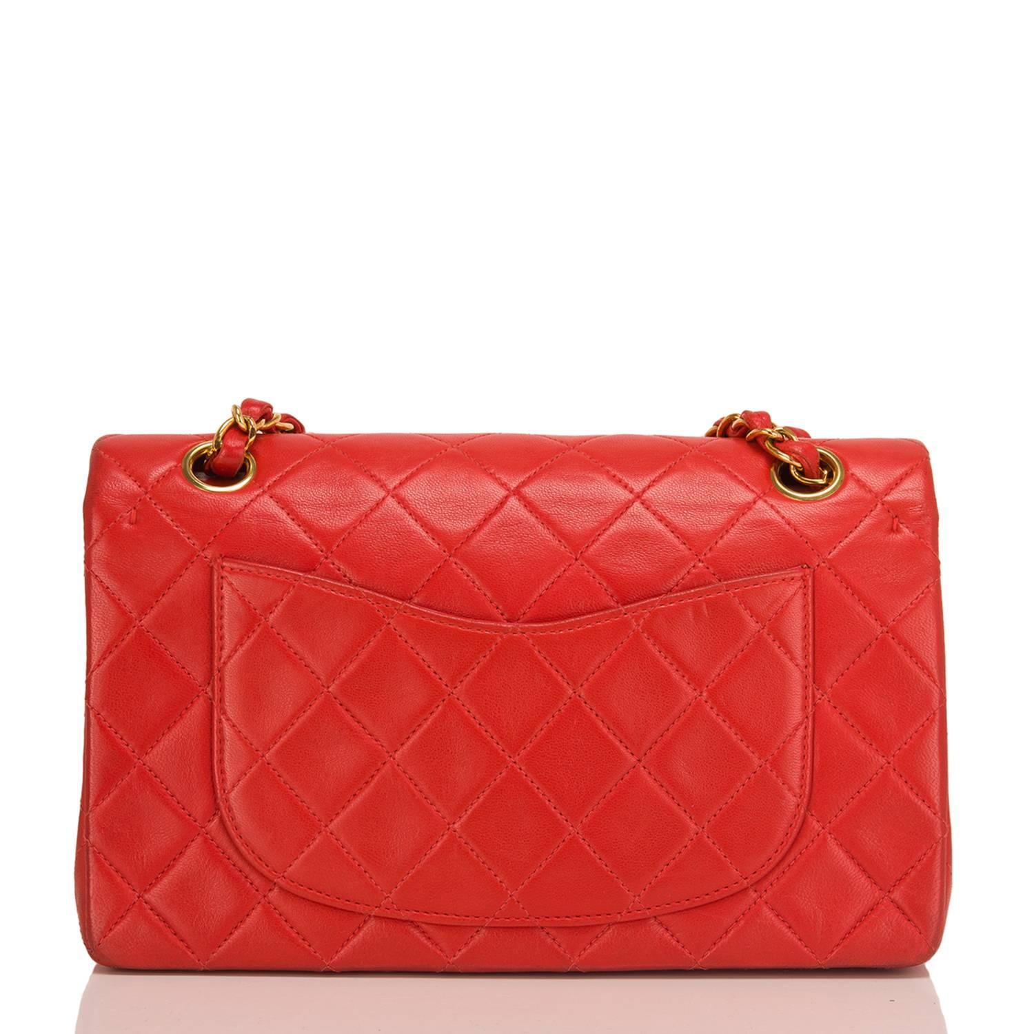 Chanel Vintage Red Quilted Lambskin Small Classic Double Flap Bag In Excellent Condition In New York, NY