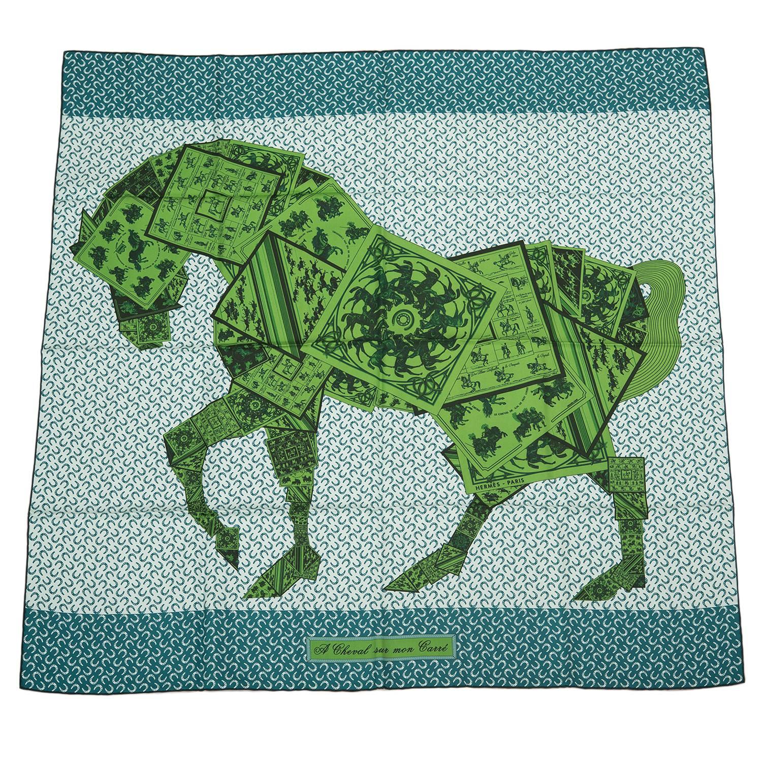 Hermes "A Cheval Sur Mon Carre" Silk Twill Scarf 90cm For Sale