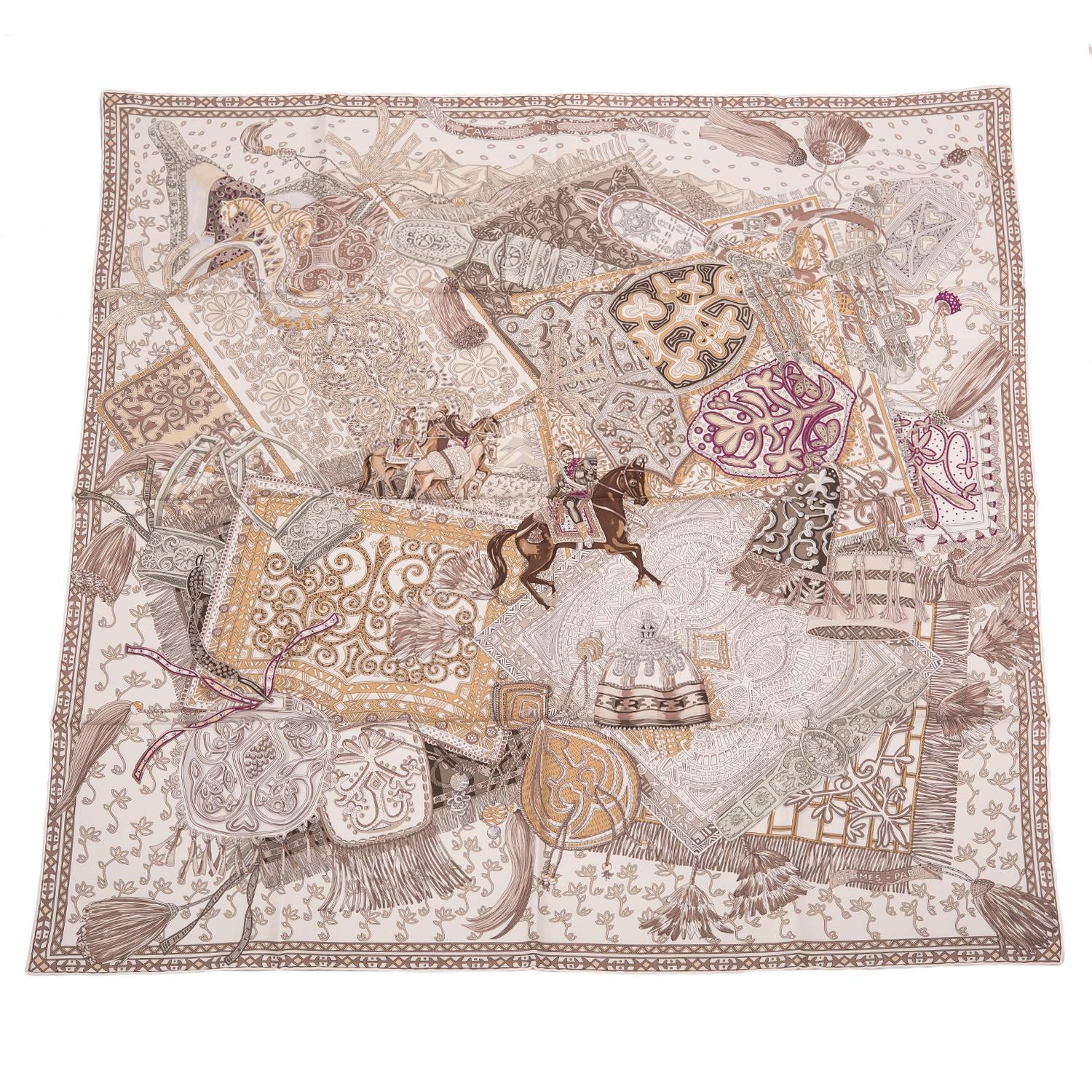 Hermes "Cavaliers du Caucase" Silk Twill Scarf 90cm For Sale