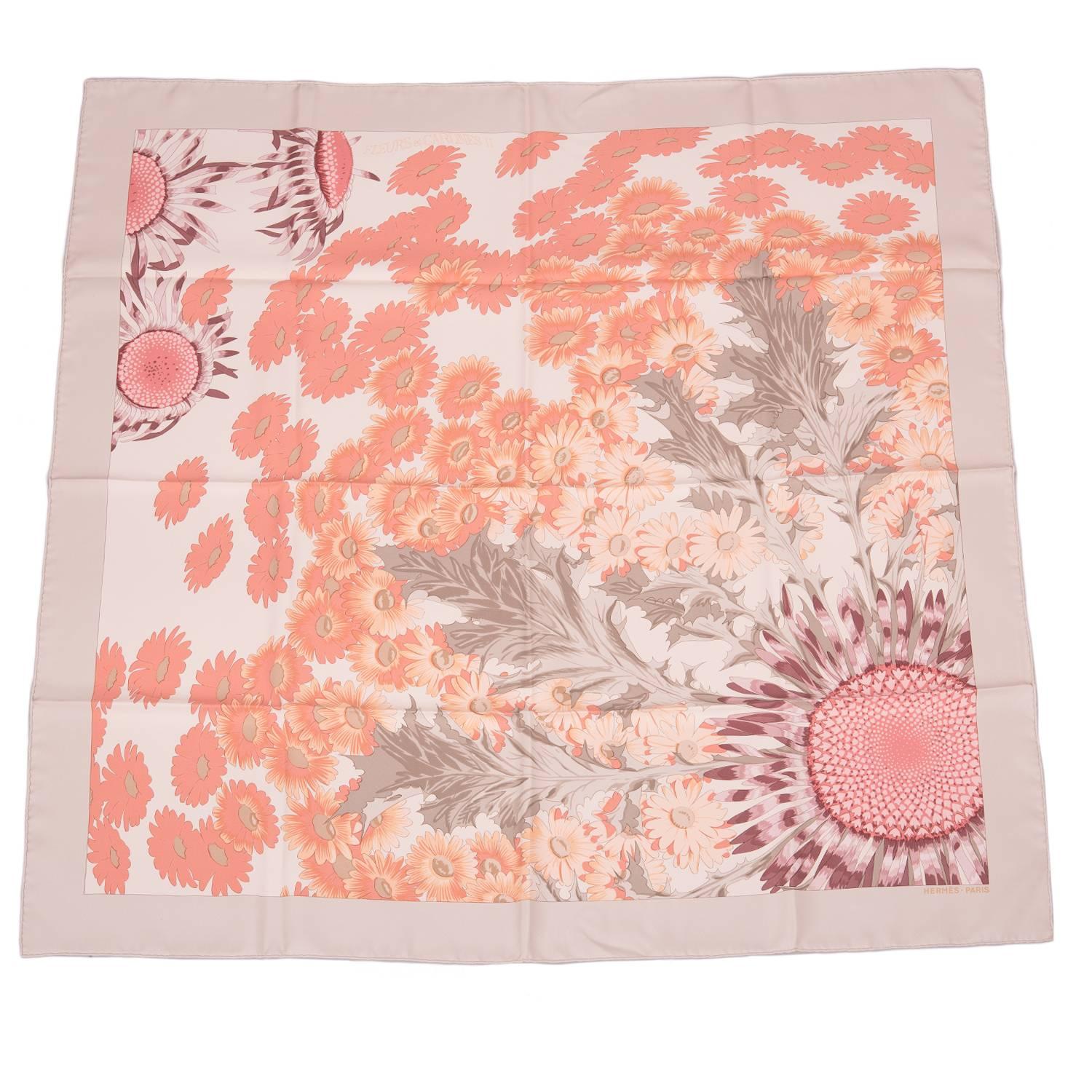 Hermes "Fleurs et Carlines II" Silk Twill Scarf 90cm  For Sale