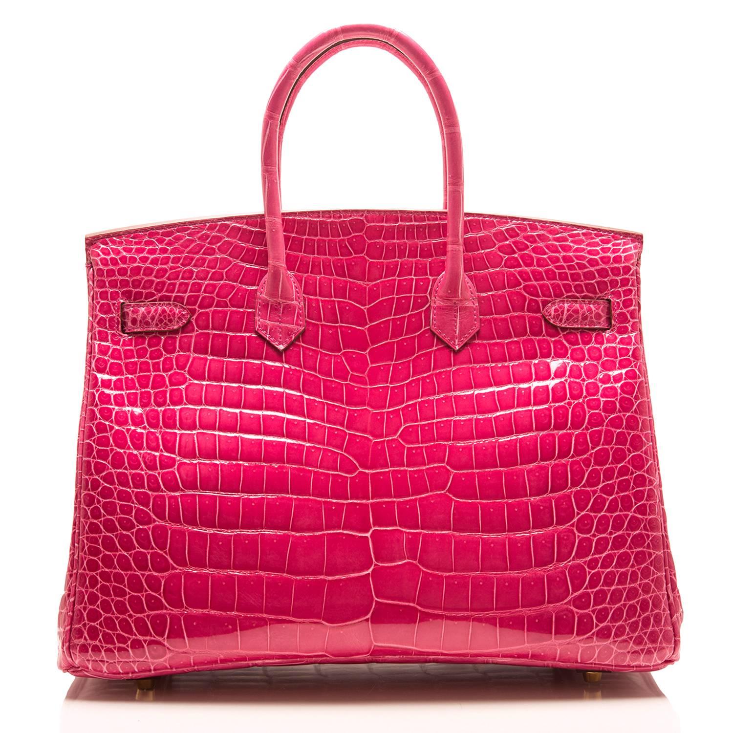 Red Hermes Rose Tyrien Shiny Porosus Crocodile Birkin 35cm Gold Hardware