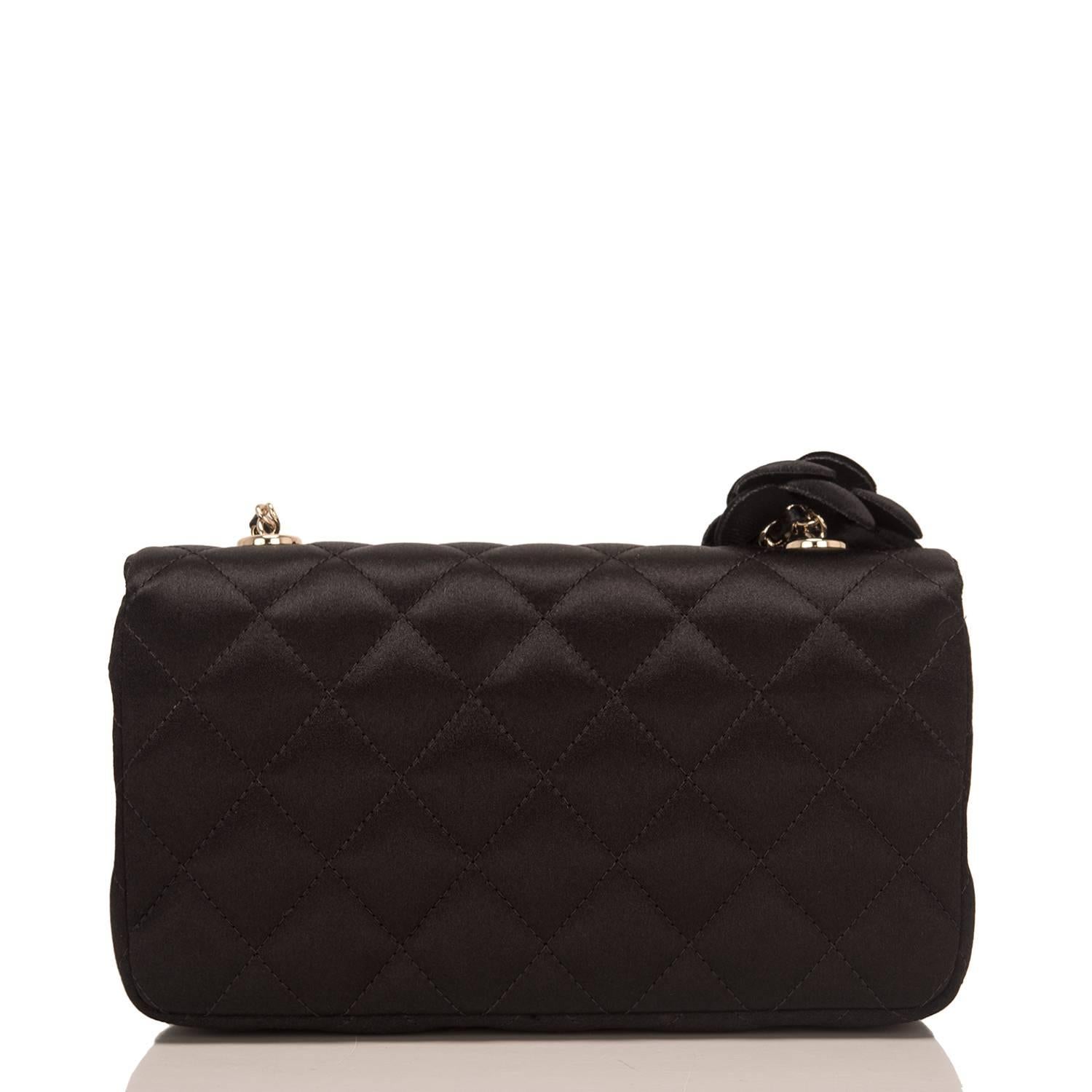 Chanel Black Quilted Satin Camellia Mini Flap In New Condition In New York, NY