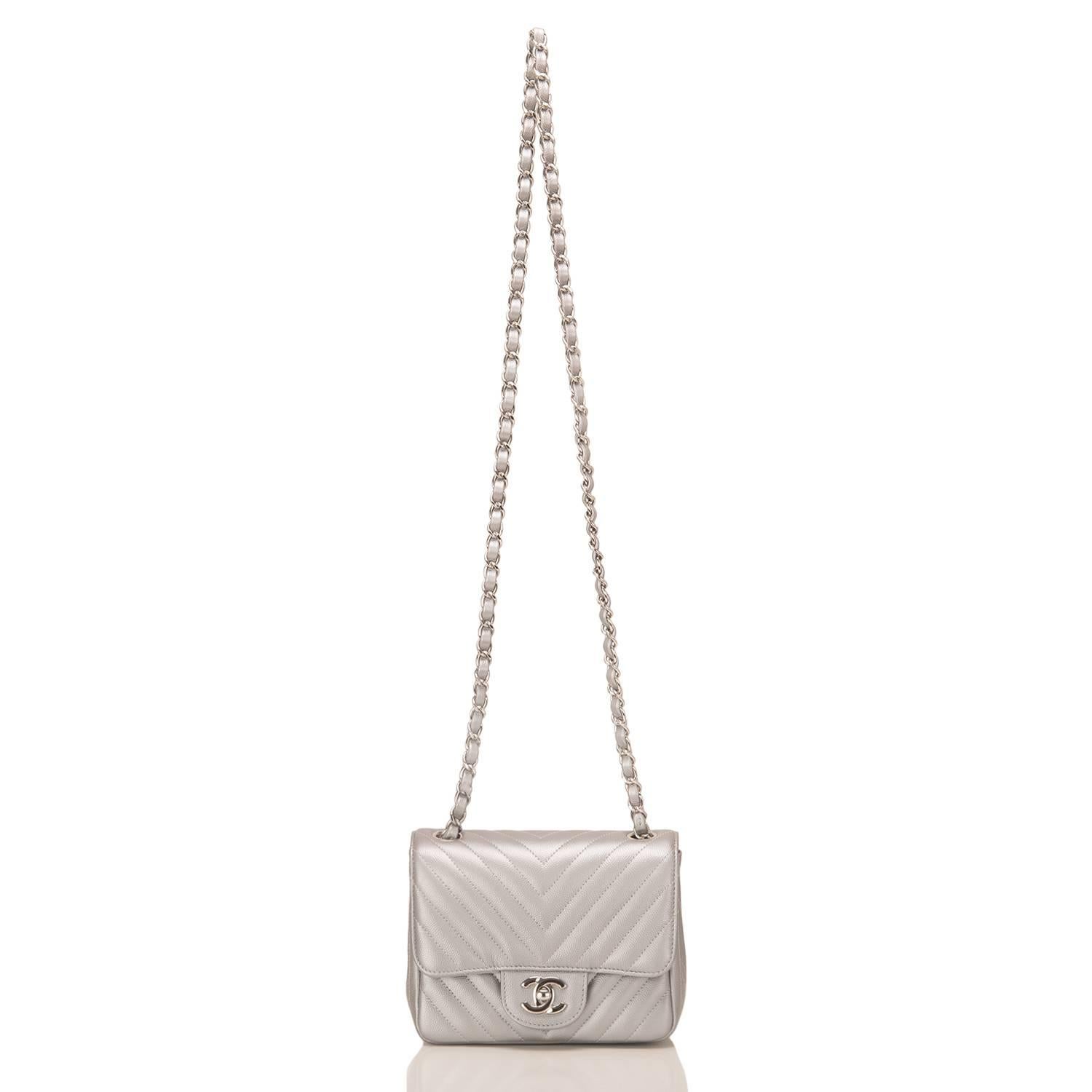 Women's Chanel Silver Chevron Quilted Caviar Square Mini Flap Bag