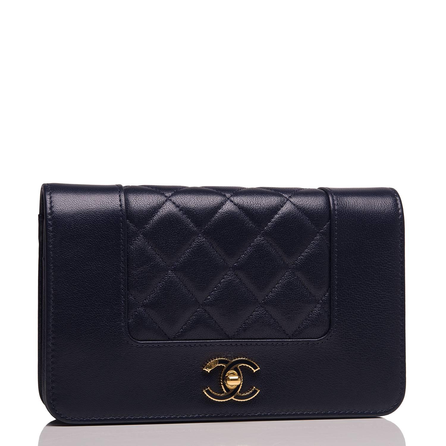 Chanel vintage style, Mademoiselle Wallet On Chain (WOC) of navy sheepskin leather with gold tone hardware.

This Wallet On Chain features 