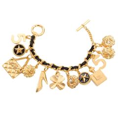 Chanel Vintage Interwoven Black Leather & Chain Link Charm Bracelet