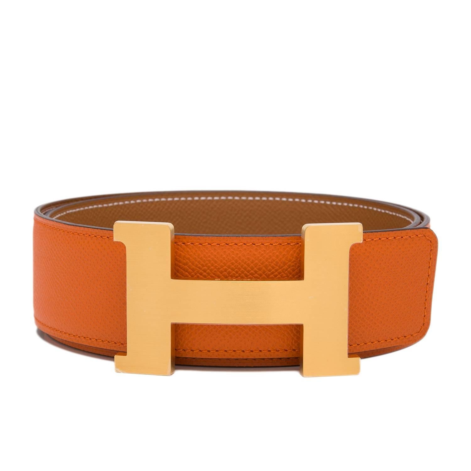 Hermes 42mm Reversible Orange/Gold Constance H Belt Brushed Gold Buckle 85 cm