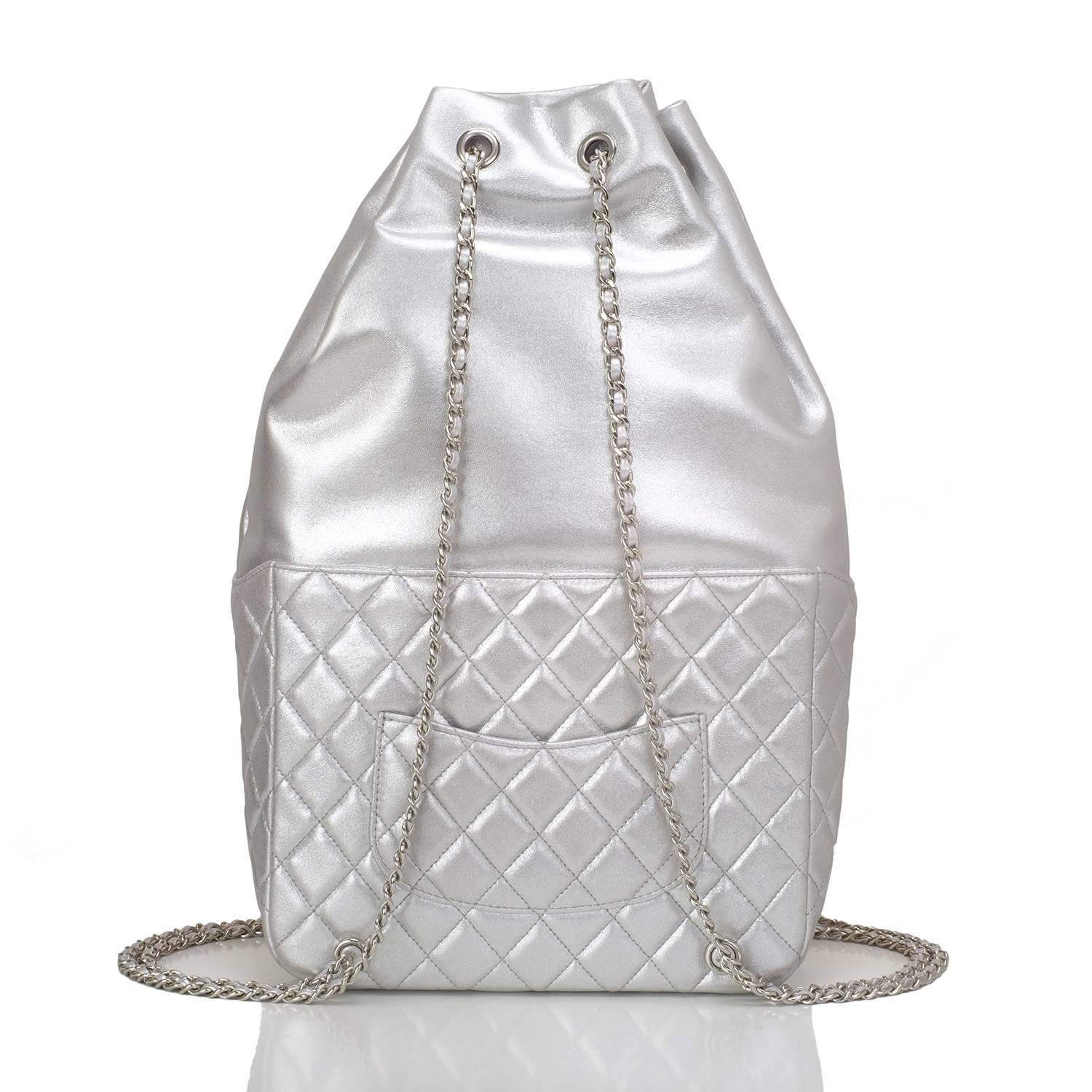 Women's or Men's Chanel Silver Metallic Lambskin Large Backpack