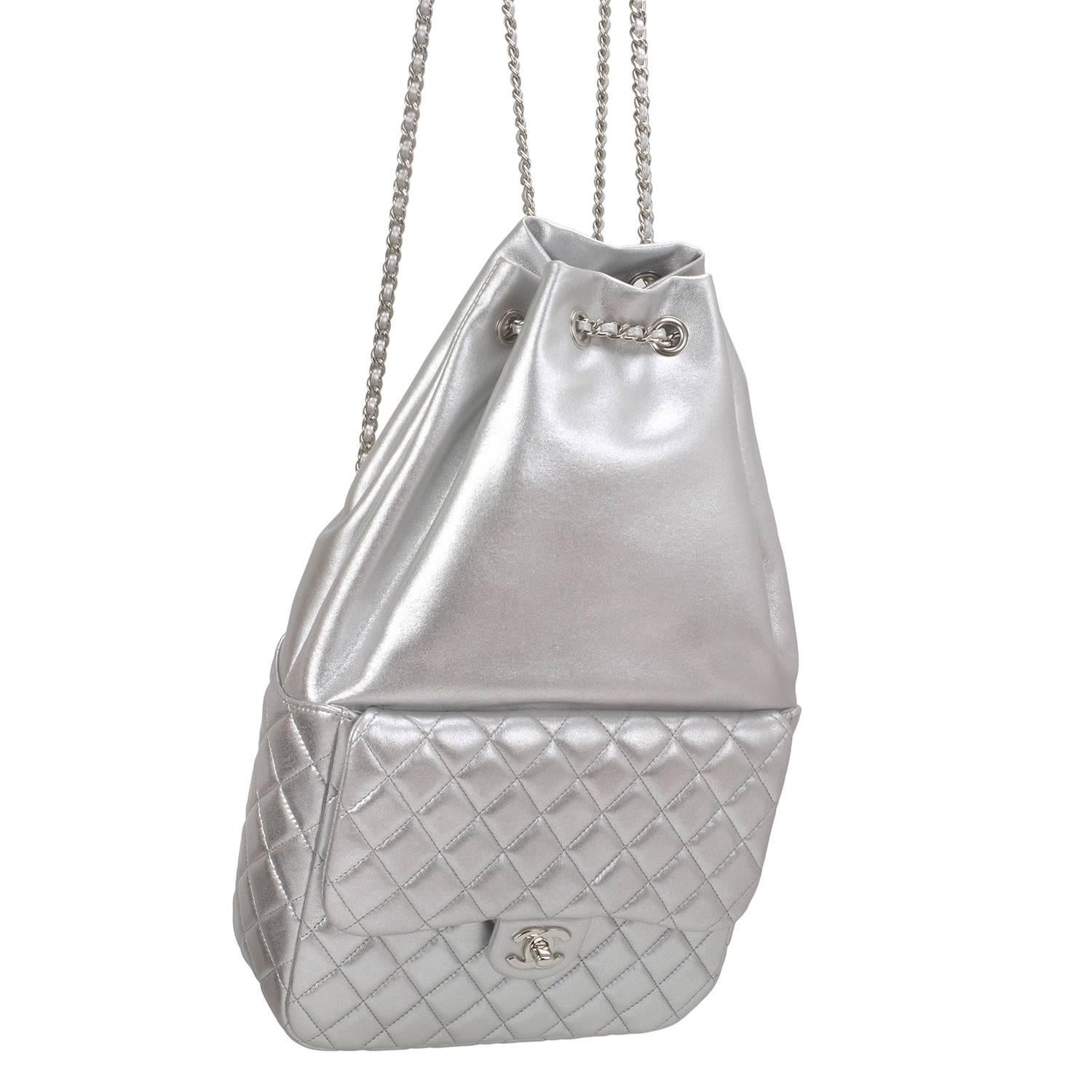 Chanel Silver Metallic Lambskin Large Backpack 1