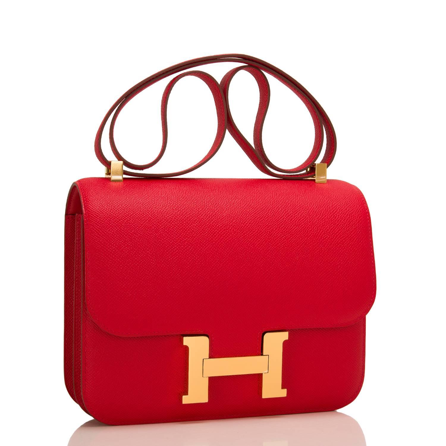 Hermes Rouge Casaque Constance 24cm of epsom leather with gold hardware.

This Constance features tonal stitching, palladium hardware, a metal 