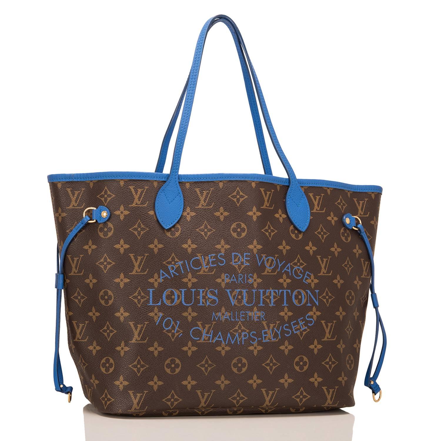 Louis Vuitton limited edition Articles De Voyage Ikat Neverfull MM in Grand Bleu.

This classic tote is made of Louis Vuitton Monogram coated canvas with Articles De Voyage and Louis Vuitton silk screened on front side in Grand Bleu, Grand Bleu