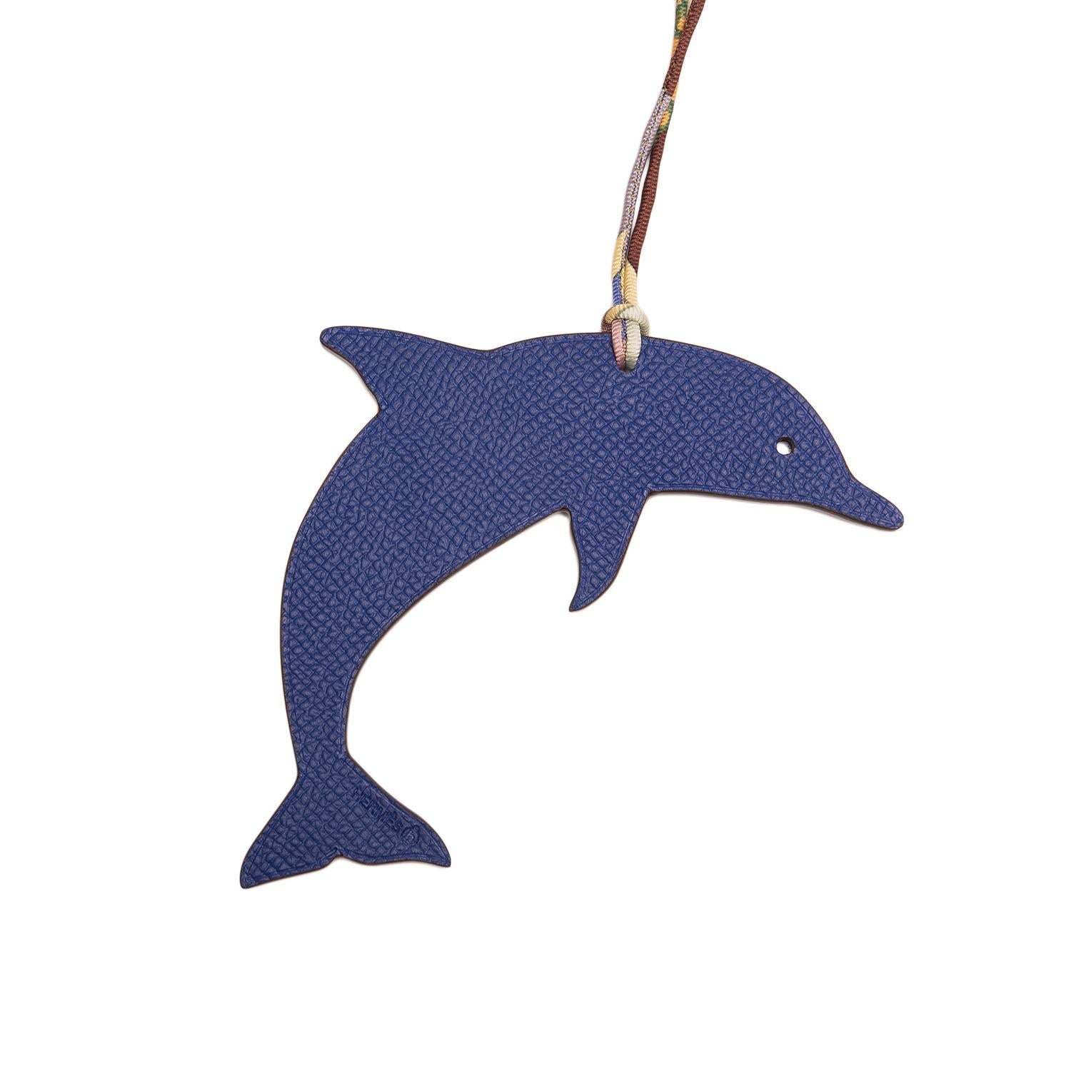 Hermes Bi-color Blue Electric and Blue Ciel Petit H Leather Dolphin Bag Charm For Sale