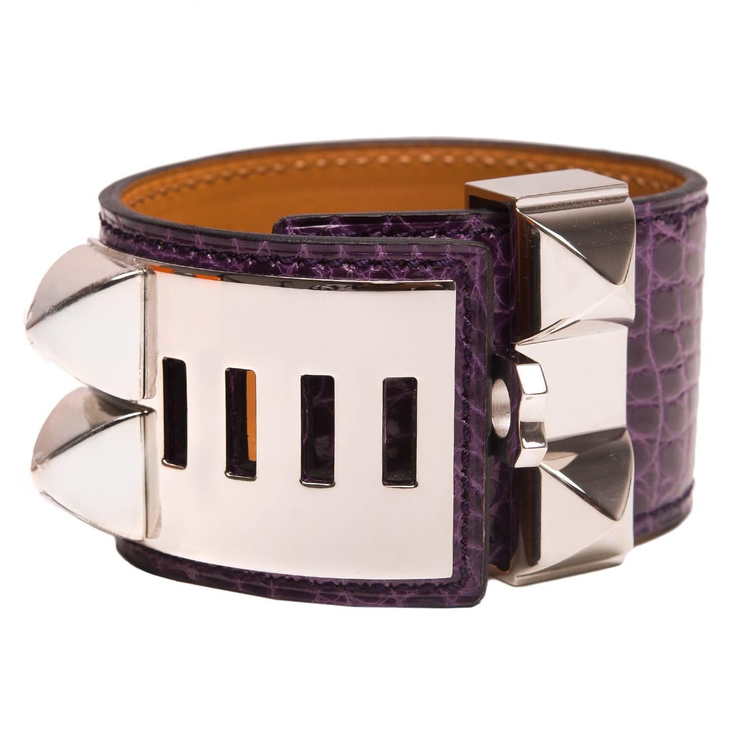 Hermes Amethyst Alligator Collier De Chien (CDC) Small Bracelet In New Condition For Sale In New York, NY