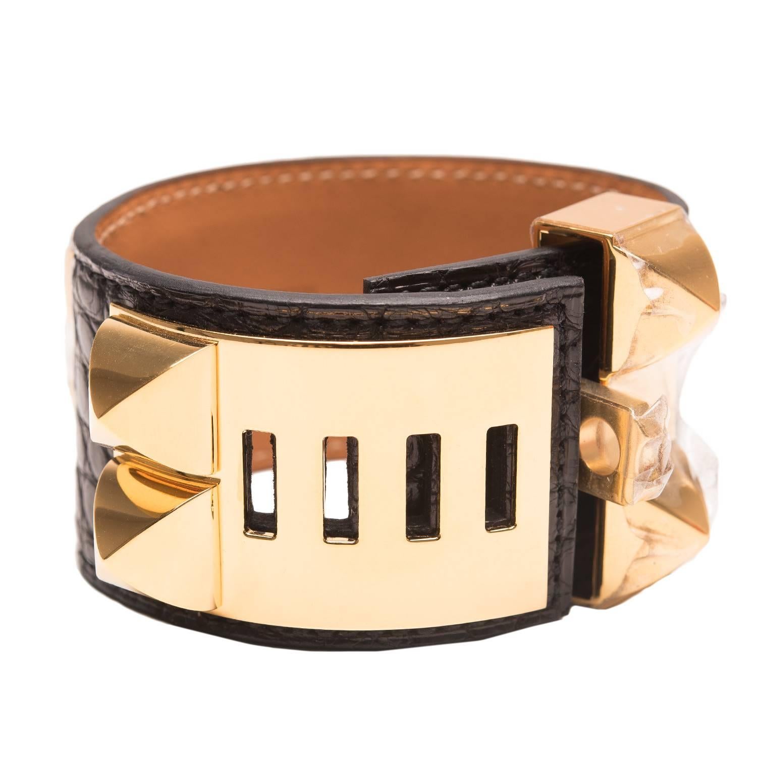 Hermes Black Alligator Collier De Chien (CDC) Bracelet Small In New Condition For Sale In New York, NY