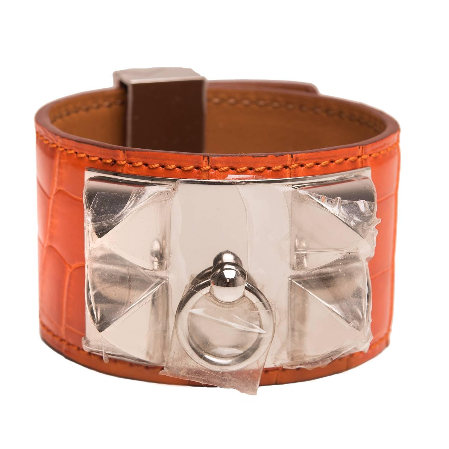 Hermes Orange Alligator Collier De Chien (CDC) Bracelet Small For Sale