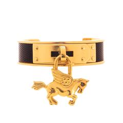 Hermes Black Lizard Kelly Cadena Cuff Bracelet with Gold Pegasus Charm
