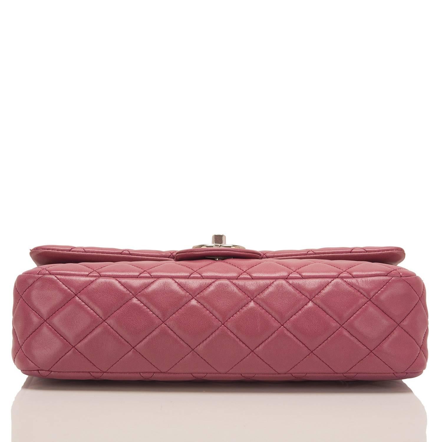 Chanel Rose Fonce Lambskin Medium Classic Double Flap Bag In Excellent Condition In New York, NY