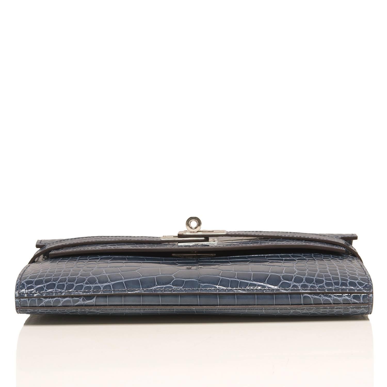 Hermes Blue Tempete Shiny Alligator Kelly Long Wallet Clutch In New Condition For Sale In New York, NY