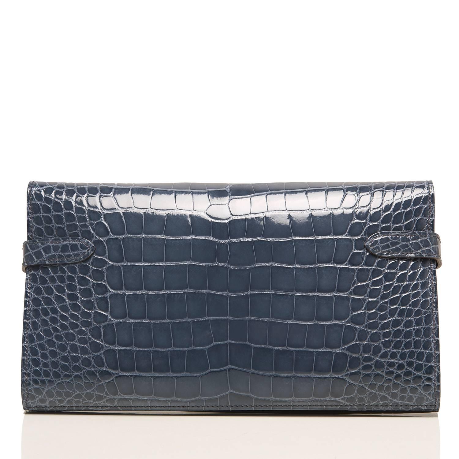 Black Hermes Blue Tempete Shiny Alligator Kelly Long Wallet Clutch For Sale