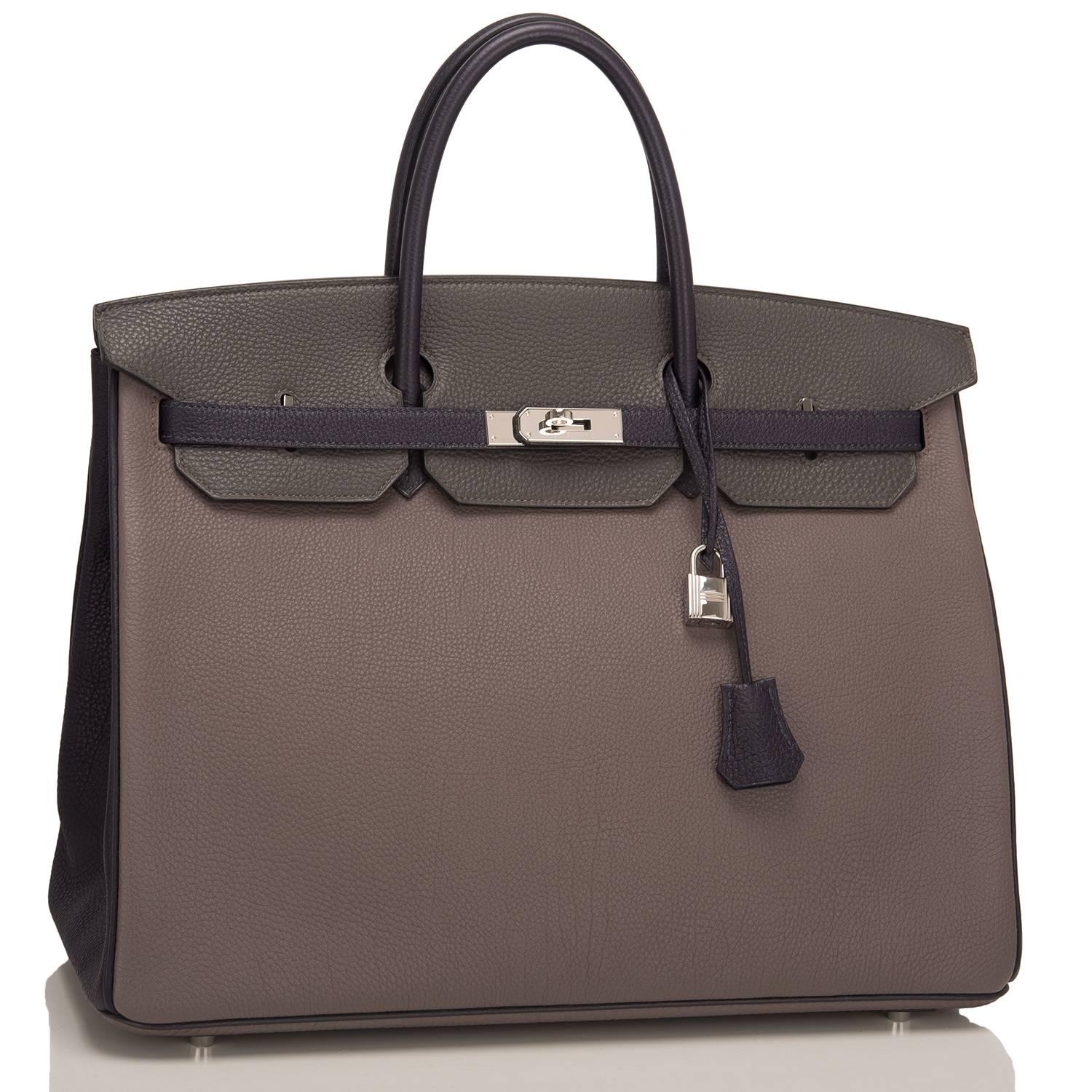 Hermes Horseshoe Stamped, Special Order Birkin 40cm of Etain, Indigo, and Graphite in togo leather with palladium hardware.

This Special Order Birkin with Etain front and bottom, Graphite back and front flap with Indigo sides, handles, straps