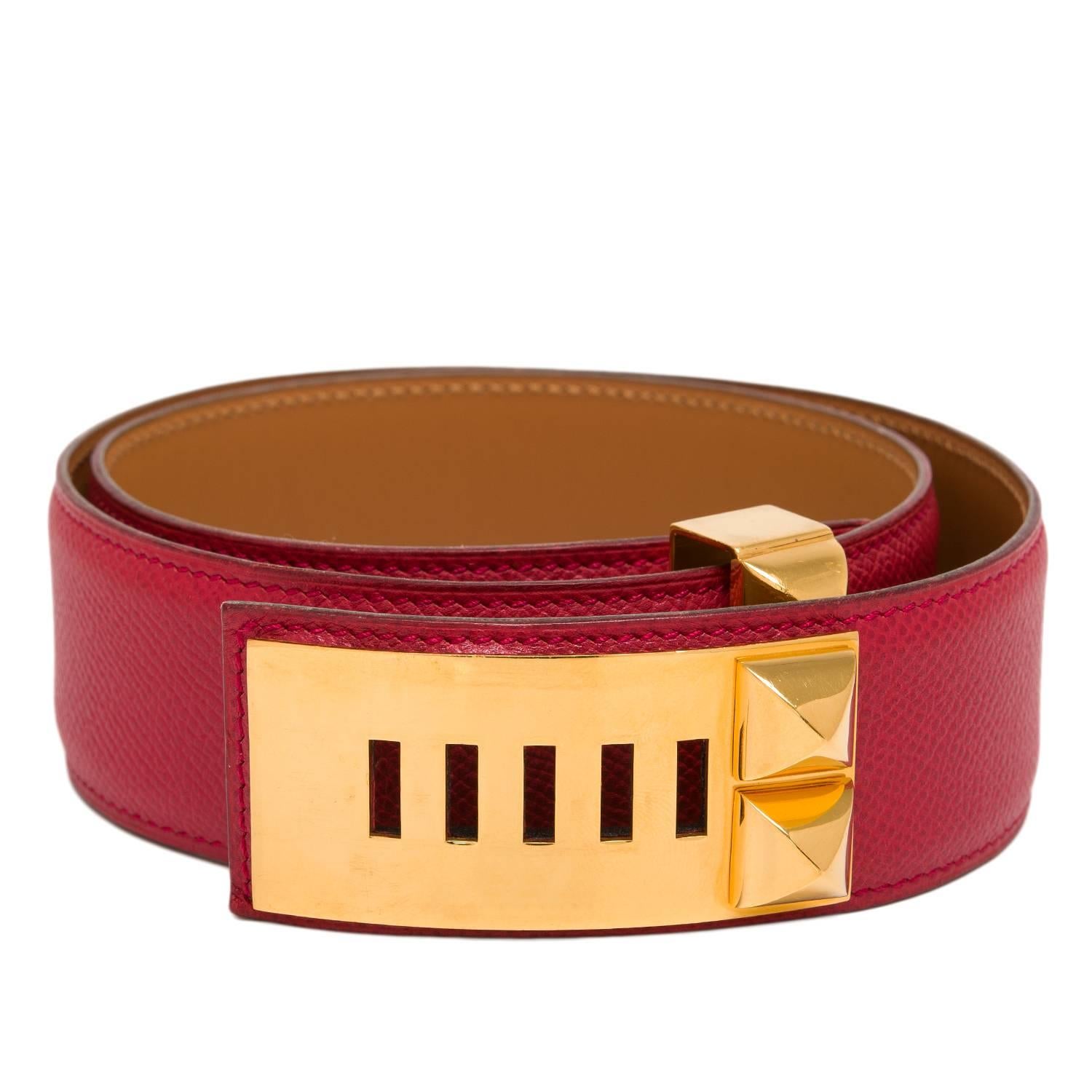 Hermes Rouge Vif Collier de Chien Medor belt in courcheval leather with gold plated studded hardware, tonal stitching and adjustable gold plated closure. 

Origin: France

Condition: Excellent; the gold hardware is bright and shiny, however,