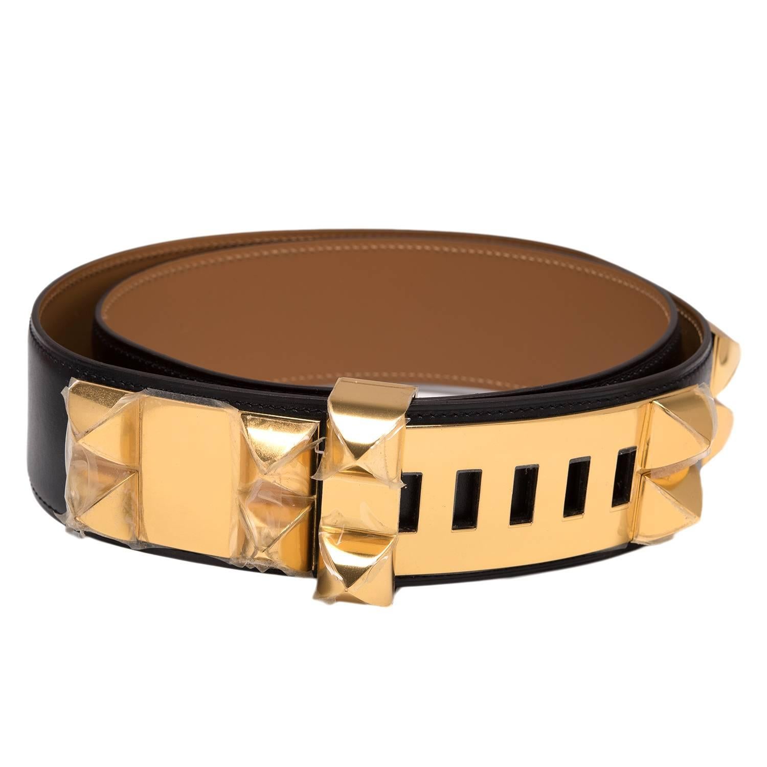 Hermes Black Collier de Chien Medor belt in calfskin leather with gold plated studded hardware, tonal stitching and adjustable gold plated closure. 

Origin: France

Condition: Pristine; never worn (plastic on hardware)

Accompanied By: Hermes
