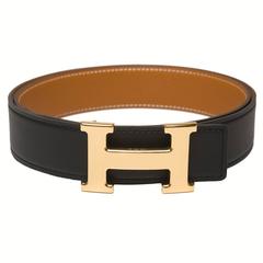 Hermes 32mm Reversible Black/Gold Leather Constance H Belt 90cm