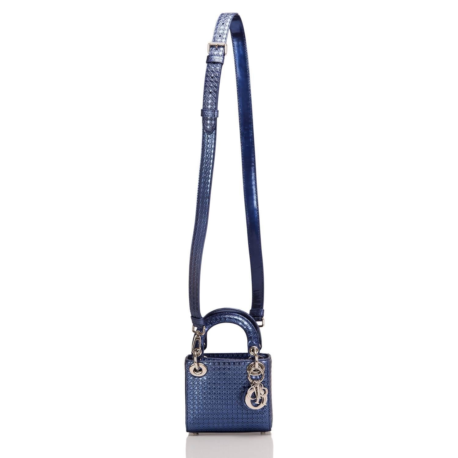 Dior Blue Metallic Perforated Lady Dior Micro Bag In New Condition In New York, NY