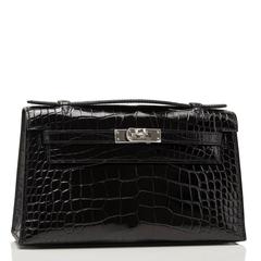Hermes Black Shiny Alligator Mini Kelly Pochette