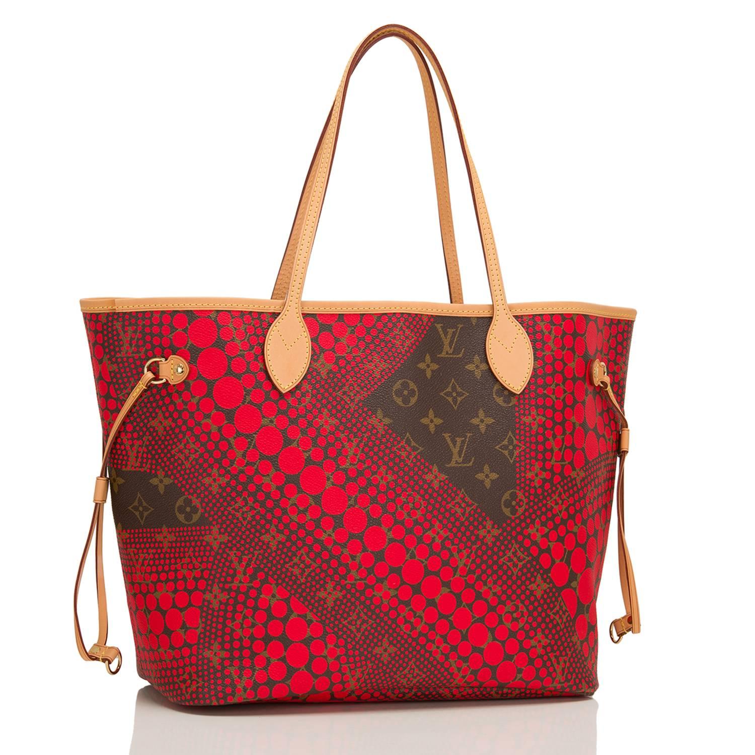 Louis Vuitton Red Monogram Waves Neverfull MM tote designed by Yayoi Kusama of coated canvas.

This limited edition Neverfull has polished brass hardware, yellow contrast stitching, a removable luggage tag, a hidden top hook closure, double flat