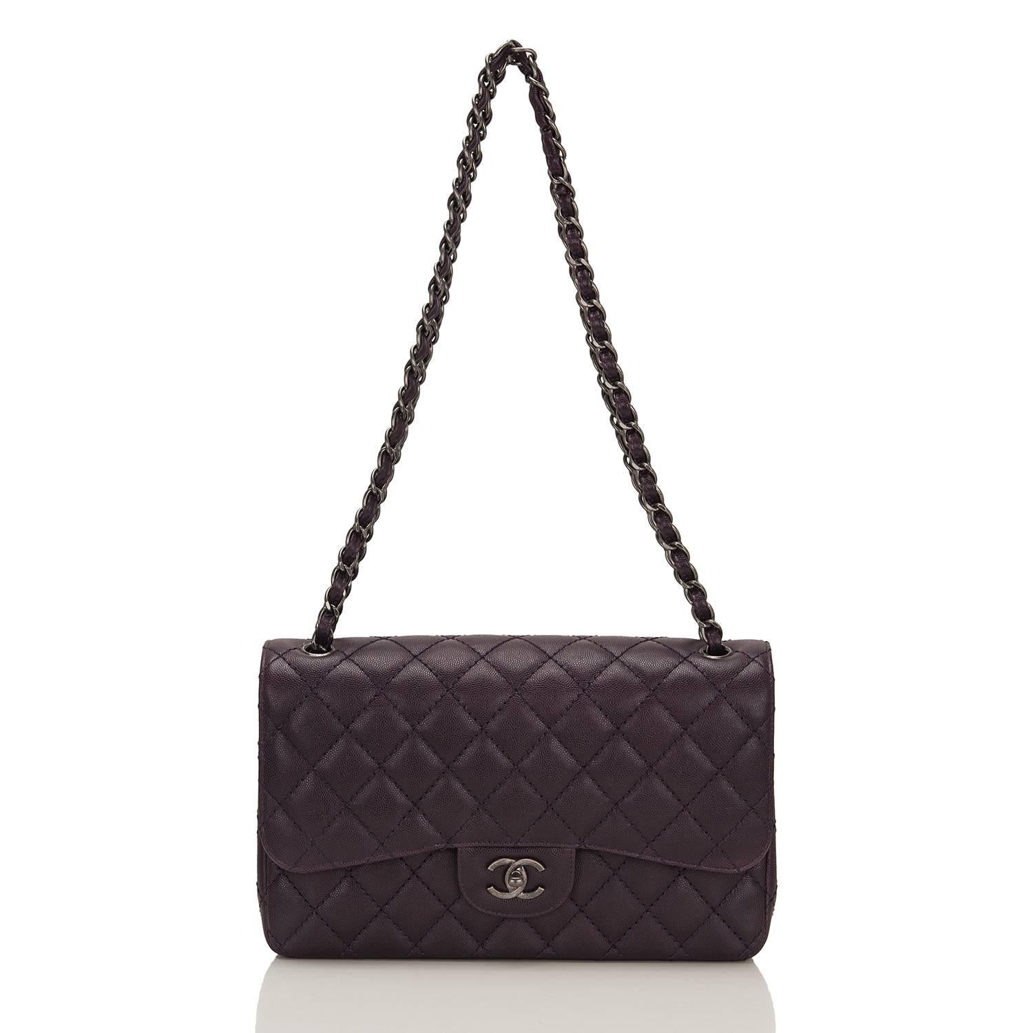 Chanel Dark Purple Quilted Caviar Jumbo Classic Double Flap Bag For Sale 1