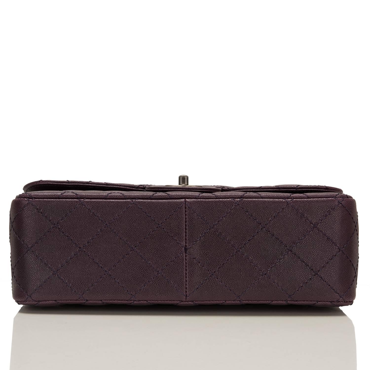 Women's Chanel Dark Purple Quilted Caviar Jumbo Classic Double Flap Bag For Sale