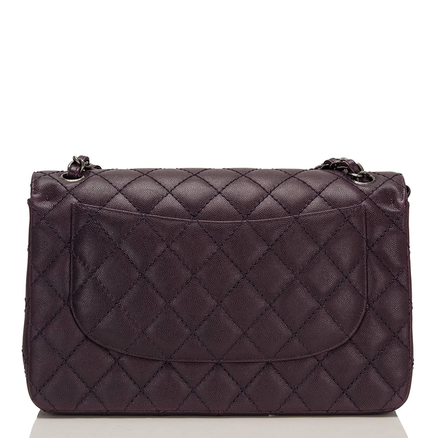 Chanel Dark Purple Quilted Caviar Jumbo Classic Double Flap Bag In New Condition For Sale In New York, NY