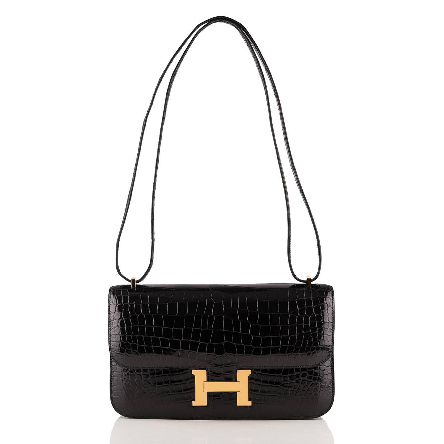Hermes Black 25cm Porosus Crocodile Constance Elan Bag  For Sale 2