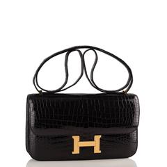 Hermes Black 25cm Porosus Crocodile Constance Elan Bag