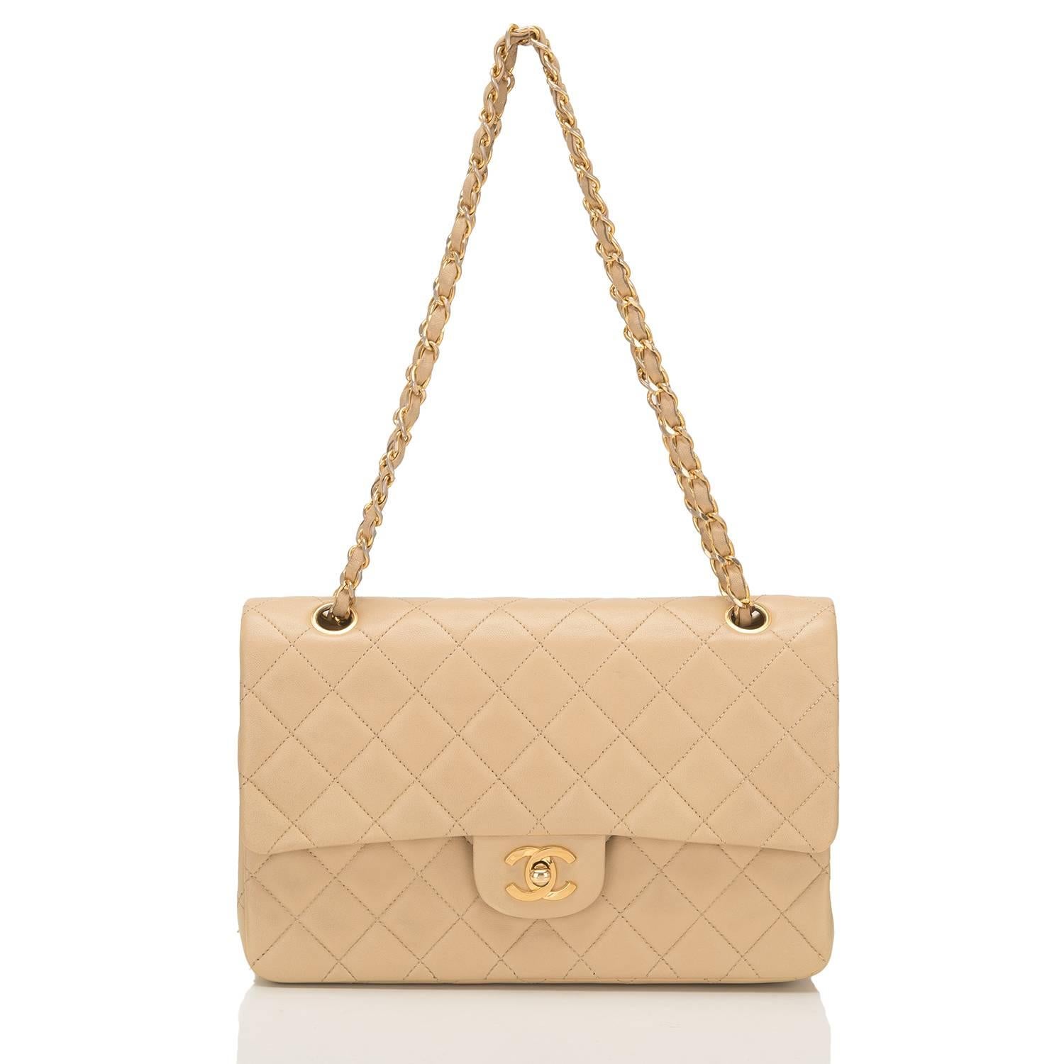 Chanel Vintage Beige Quilted Lambskin Medium Classic Double Flap Bag 2