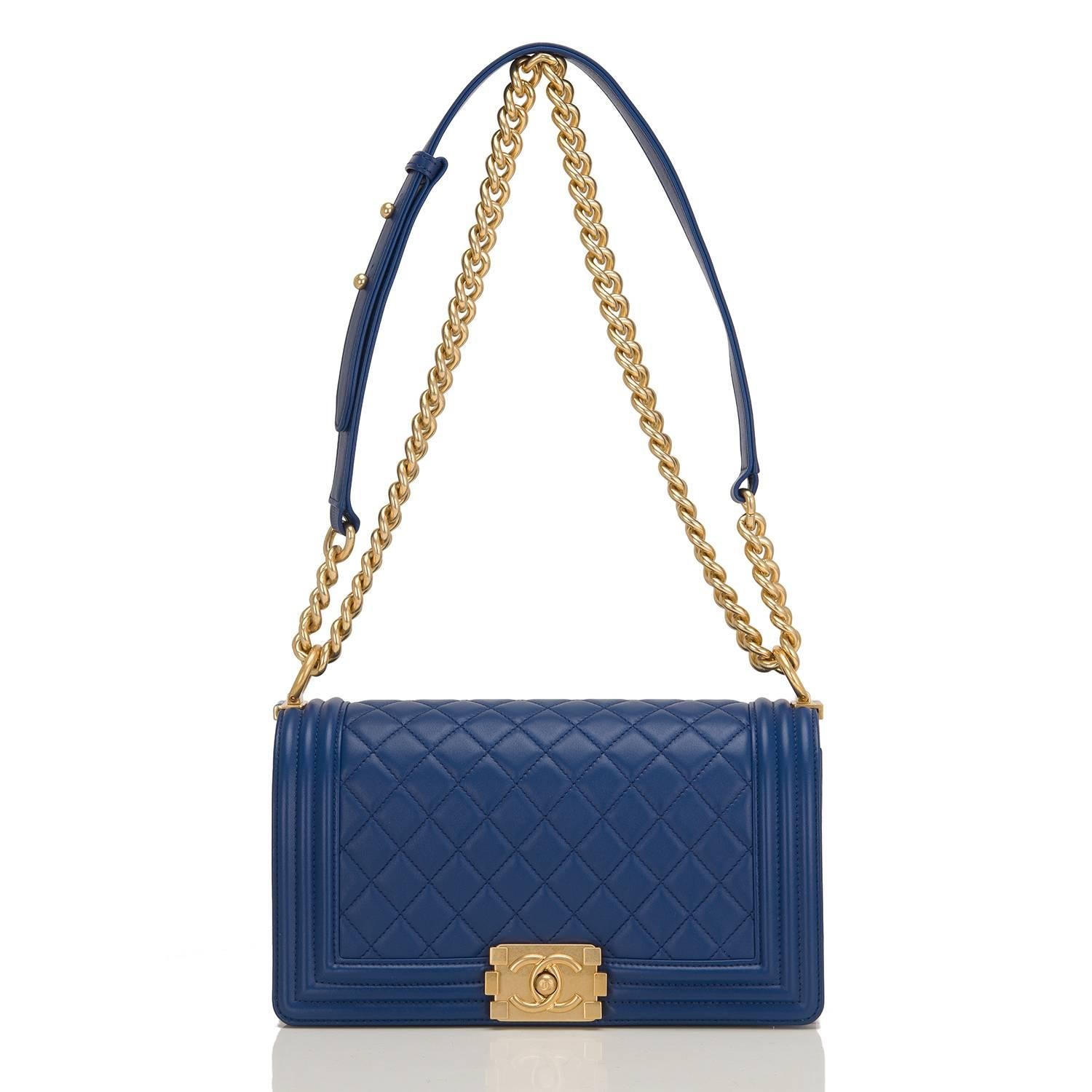 Women's Chanel Navy Quilted Lambskin Medium Boy Bag Gold Hardware